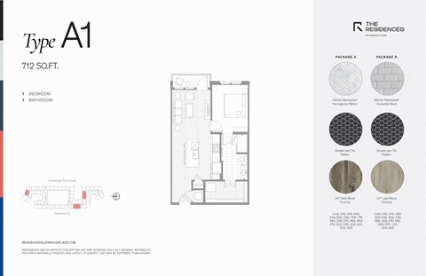 Floor plan for 1 bed, 1 bath, 712 sqft